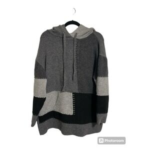 Zara Hooded‎ Patchwork Sweater Tunic Pullover Long Sleeve Gray Black Size Med